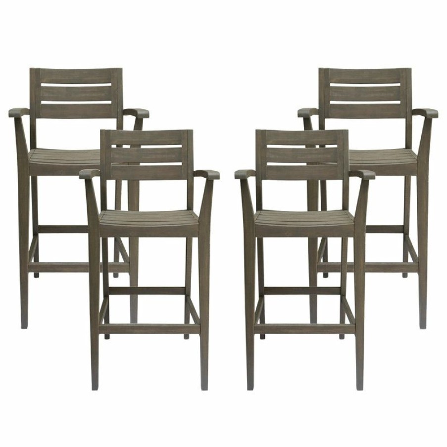 Outdoor Bar Furniture * | Discount Gdfstudio Gdf Studio Stamford Outdoor Rustic Acacia Wood Barstool (Set Of 4), Gray Finish