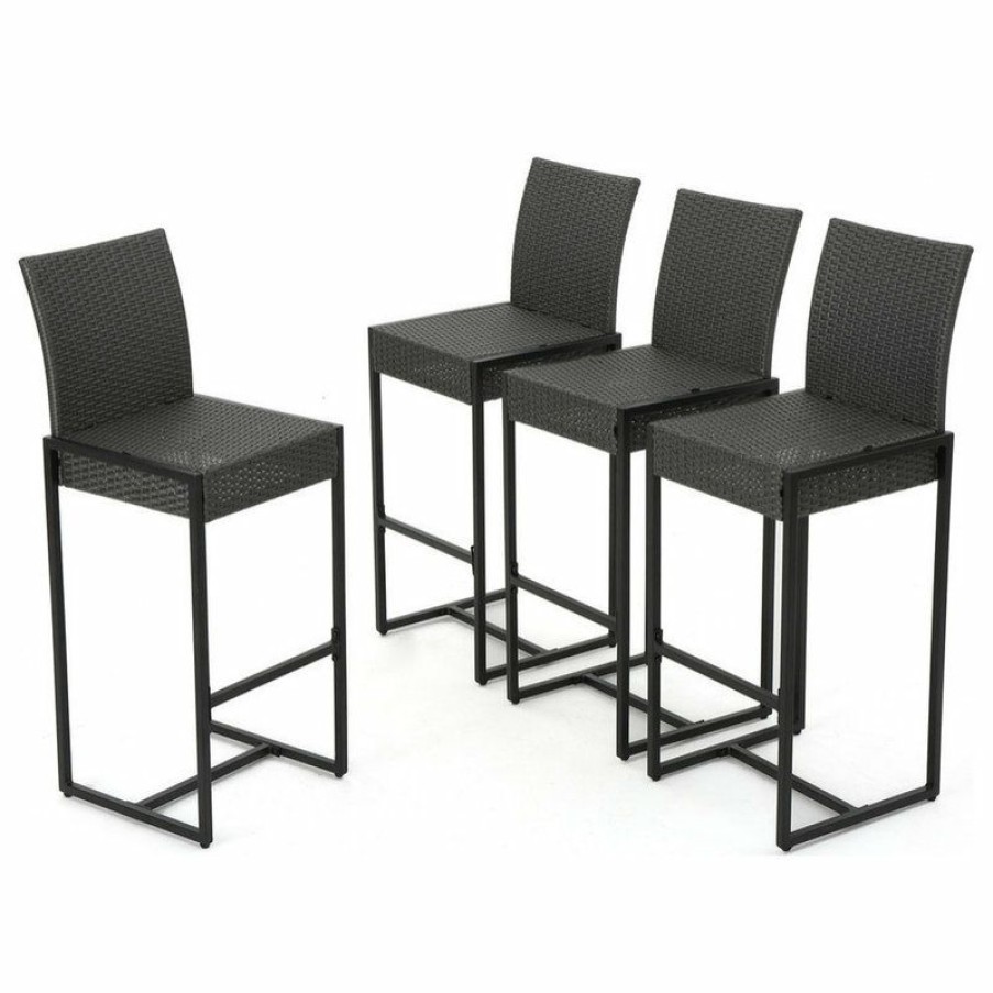 Outdoor Bar Furniture * | Budget Gdfstudio Gdf Studio Conrad Outdoor Patio Gray Wicker Barstools, Set Of 4