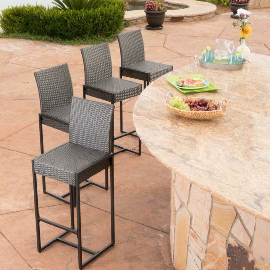 Outdoor Bar Furniture * | Budget Gdfstudio Gdf Studio Conrad Outdoor Patio Gray Wicker Barstools, Set Of 4