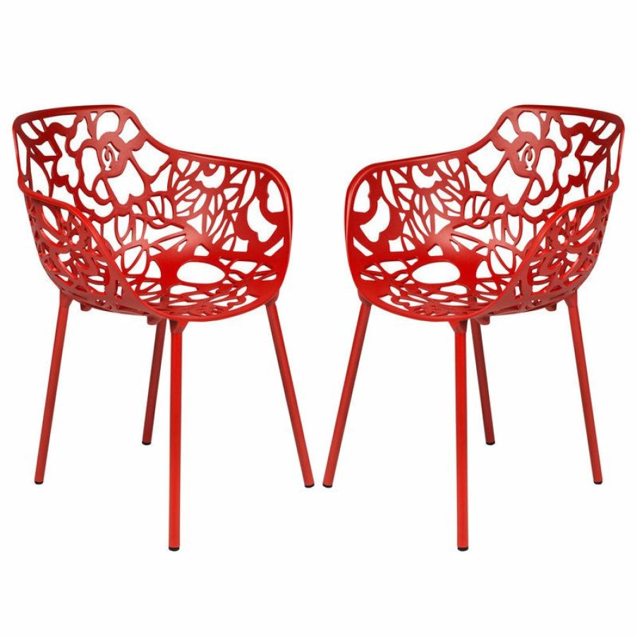 Outdoor Chairs * | Top 10 Leisuremod Modern Devon Aluminum Chair With Arm, Set Of 2, Red