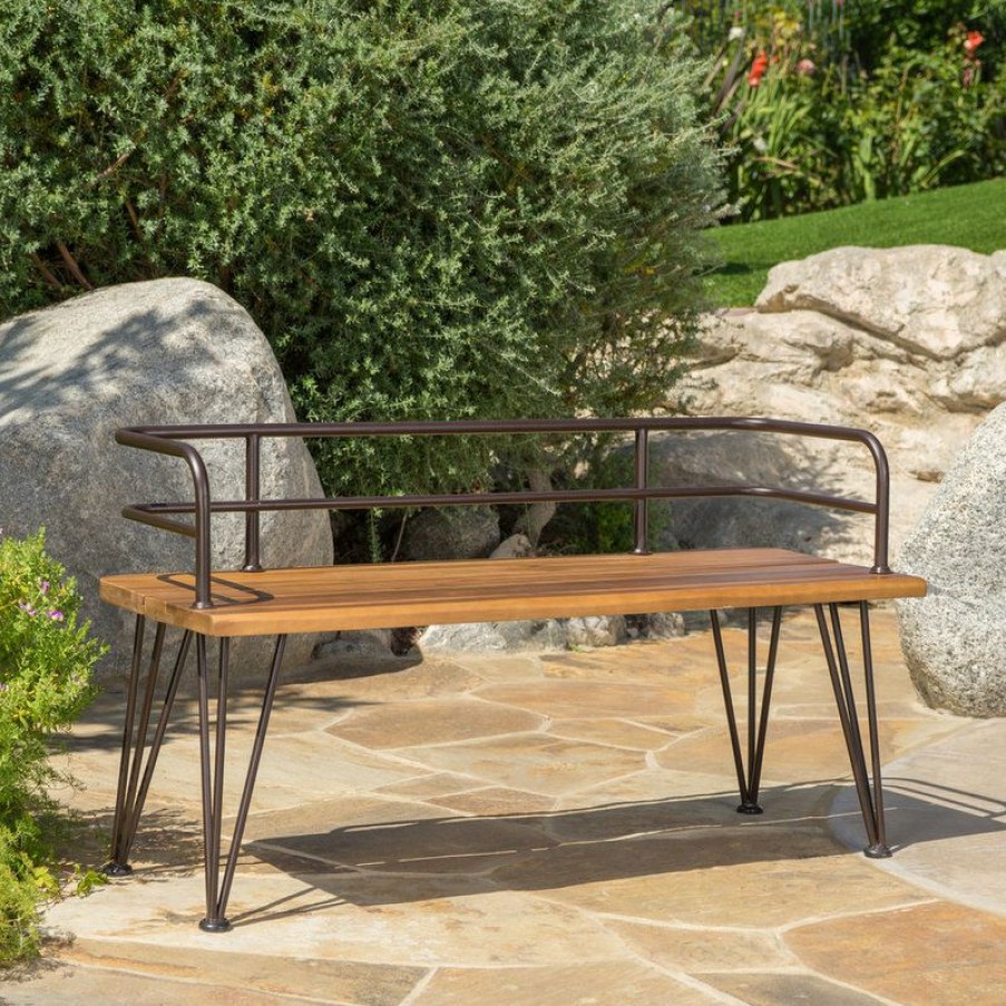 Outdoor Benches * | Best Deal Gdfstudio Gdf Studio Herres Outdoor Rustic Iron And Teak Finished Acacia Wood Bench