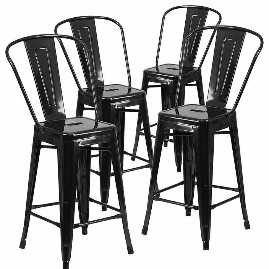 Outdoor Bar Furniture * | Cheapest Belleze Modern Stools With Back, Set Of 4, Black, 30 High Back