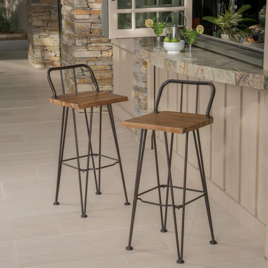 Outdoor Bar Furniture * | Coupon Gdfstudio Gdf Studio Leonardo Outdoor Teak Finish Acacia Wood Barstools With Iron Frame, S