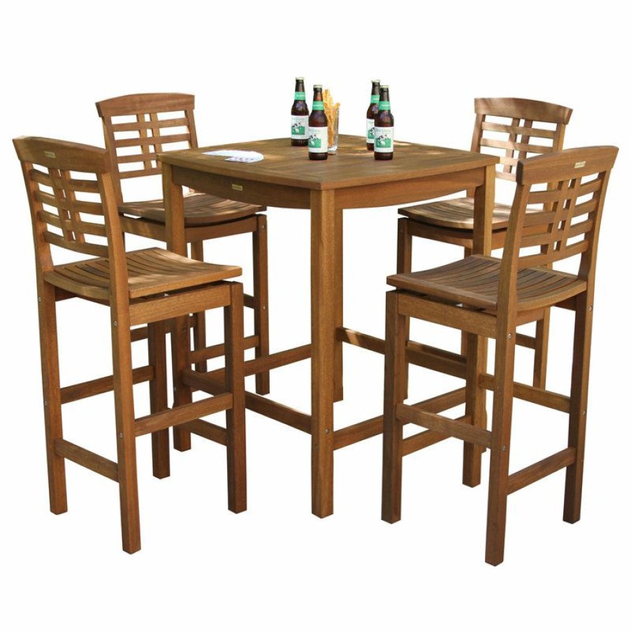 Outdoor Bar Furniture * | Wholesale Outdoor Interiors 5-Piece Square Eucalyptus Bar Height Dining Set With Bar Chairs