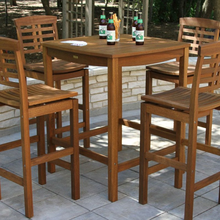 Outdoor Bar Furniture * | Wholesale Outdoor Interiors 5-Piece Square Eucalyptus Bar Height Dining Set With Bar Chairs