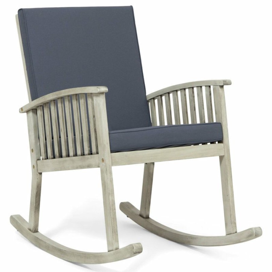 Outdoor Chairs * | Hot Sale Gdfstudio Beulah Outdoor Acacia Wood Rocking Chair, Light Gray Finish, Dark Gray