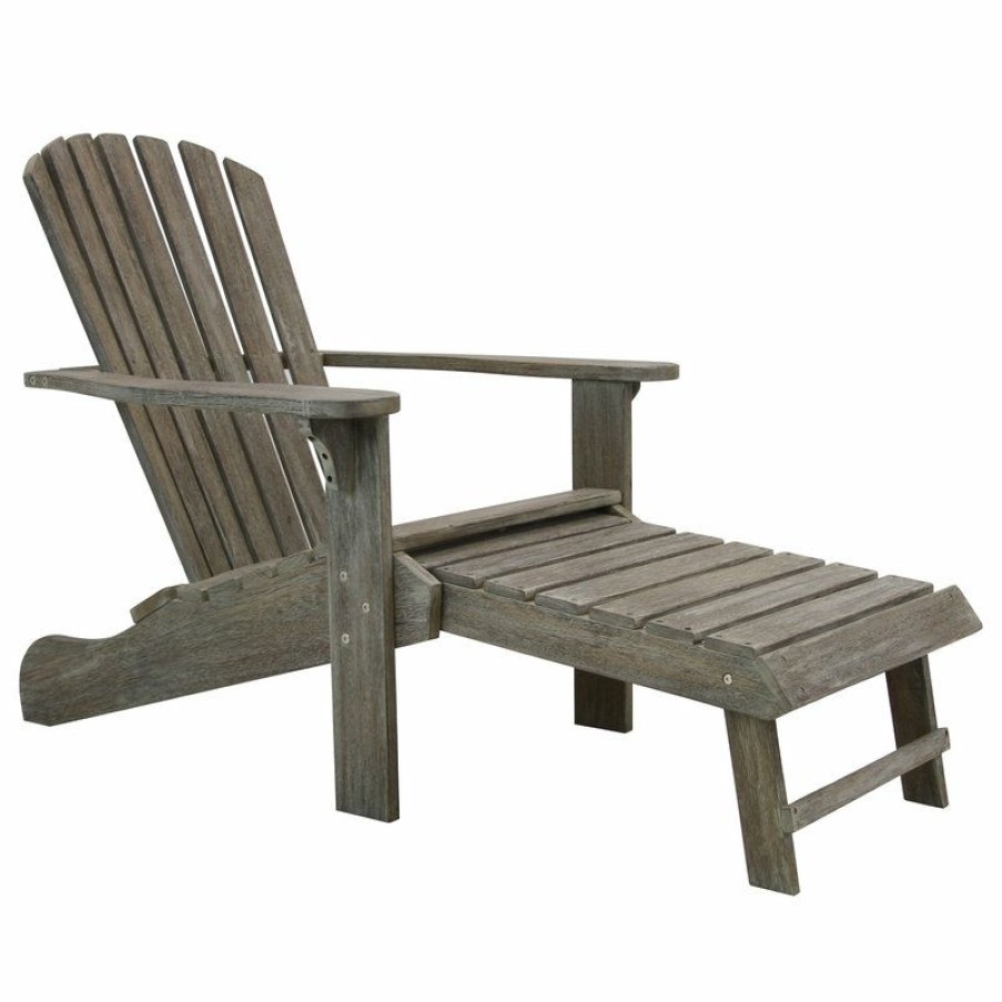 Outdoor Chairs * | Best Deal Outdoor Interiors Gray Wash Eucalyptus Adirondack Chair With Built-In Stowaway Ottoman