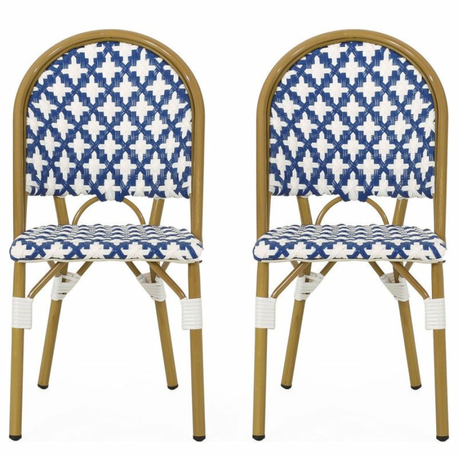 Outdoor Bar Furniture * | Brand New Gdfstudio Bronson Outdoor French Bistro Chair, Set Of 2, Blue/White/Bamboo Print Finish