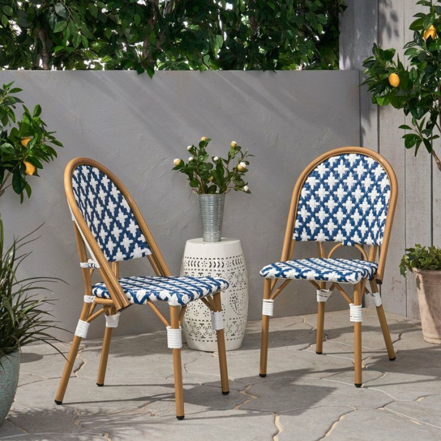 Outdoor Bar Furniture * | Brand New Gdfstudio Bronson Outdoor French Bistro Chair, Set Of 2, Blue/White/Bamboo Print Finish