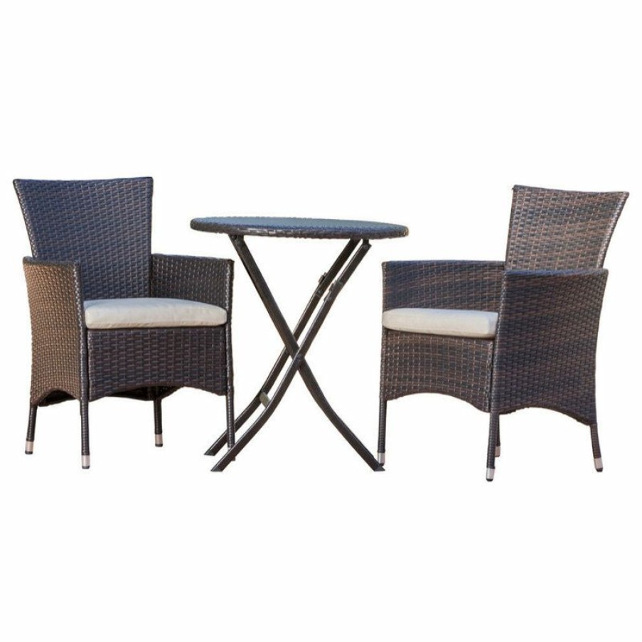 Outdoor Bar Furniture * | Best Sale Gdfstudio Gdf Studio 3-Piece Dorchester Outdoor Brown Wicker Bistro Set With Cushion