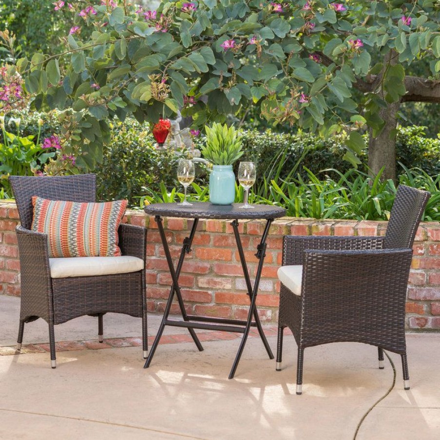 Outdoor Bar Furniture * | Best Sale Gdfstudio Gdf Studio 3-Piece Dorchester Outdoor Brown Wicker Bistro Set With Cushion