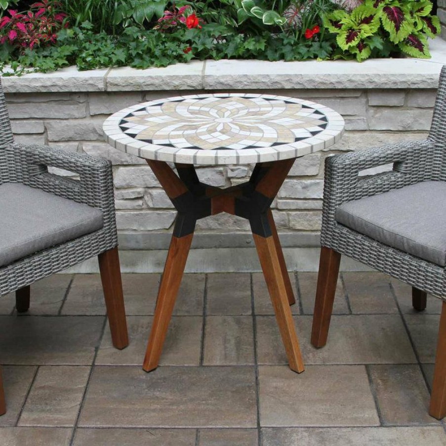 Outdoor Bar Furniture * | Brand New Outdoor Interiors 3-Piece Marble, Eucalyptus/Metal Bistro Set With Wicker And Eucalyptus Arm Chair