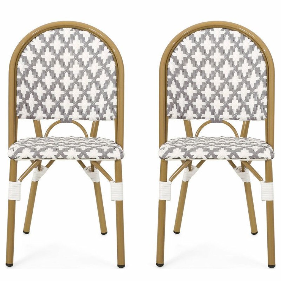 Outdoor Bar Furniture * | Discount Gdfstudio Bronson Outdoor French Bistro Chair, Set Of 2, Gray/White/Bamboo Print Finish