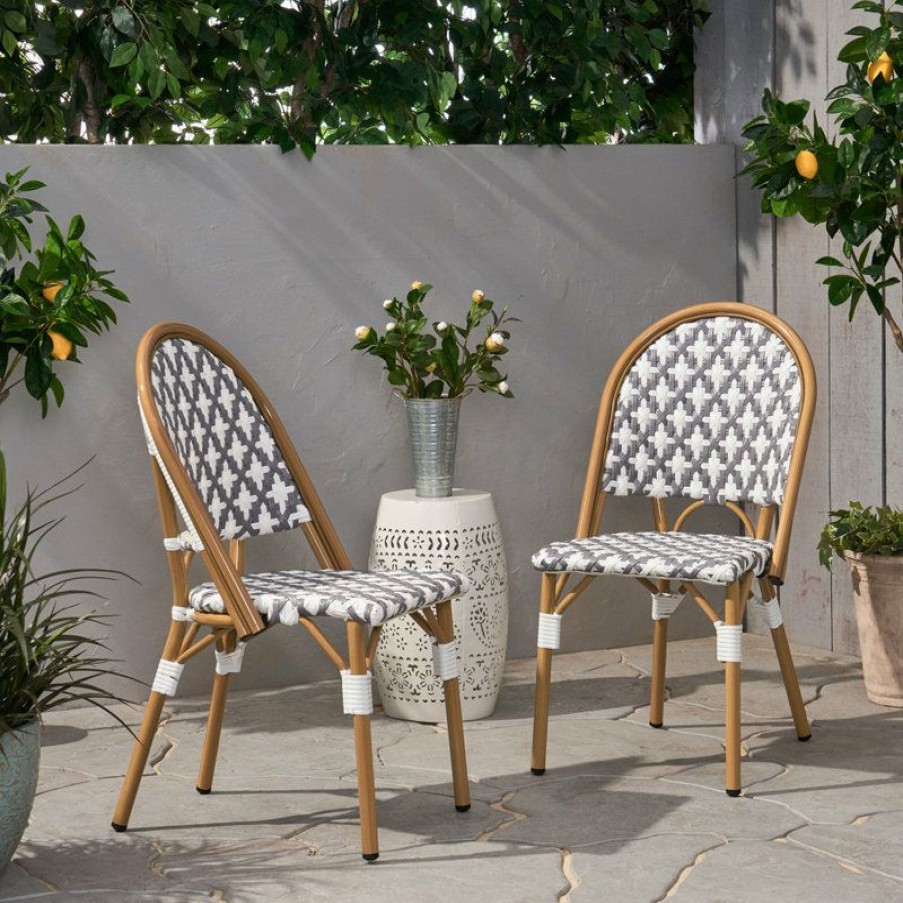 Outdoor Bar Furniture * | Discount Gdfstudio Bronson Outdoor French Bistro Chair, Set Of 2, Gray/White/Bamboo Print Finish