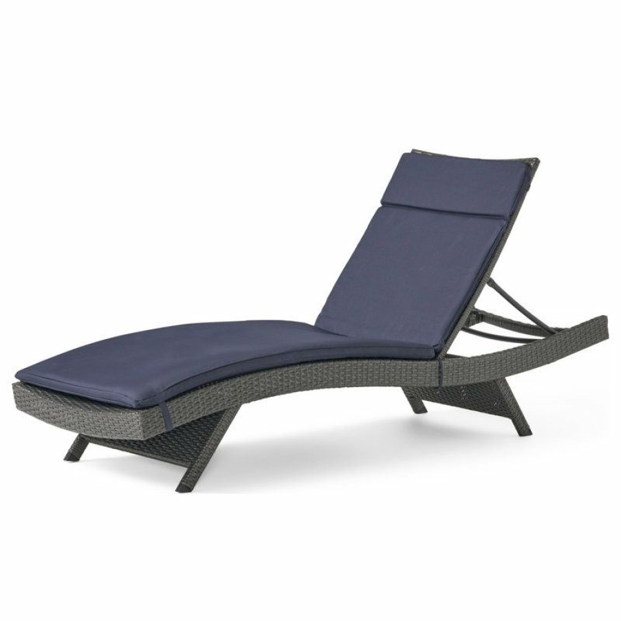 Outdoor Chairs * | Budget Gdfstudio Gdf Studio Nassau Outdoor Gray Wicker Chaise Lounge, Navy Blue Cushion