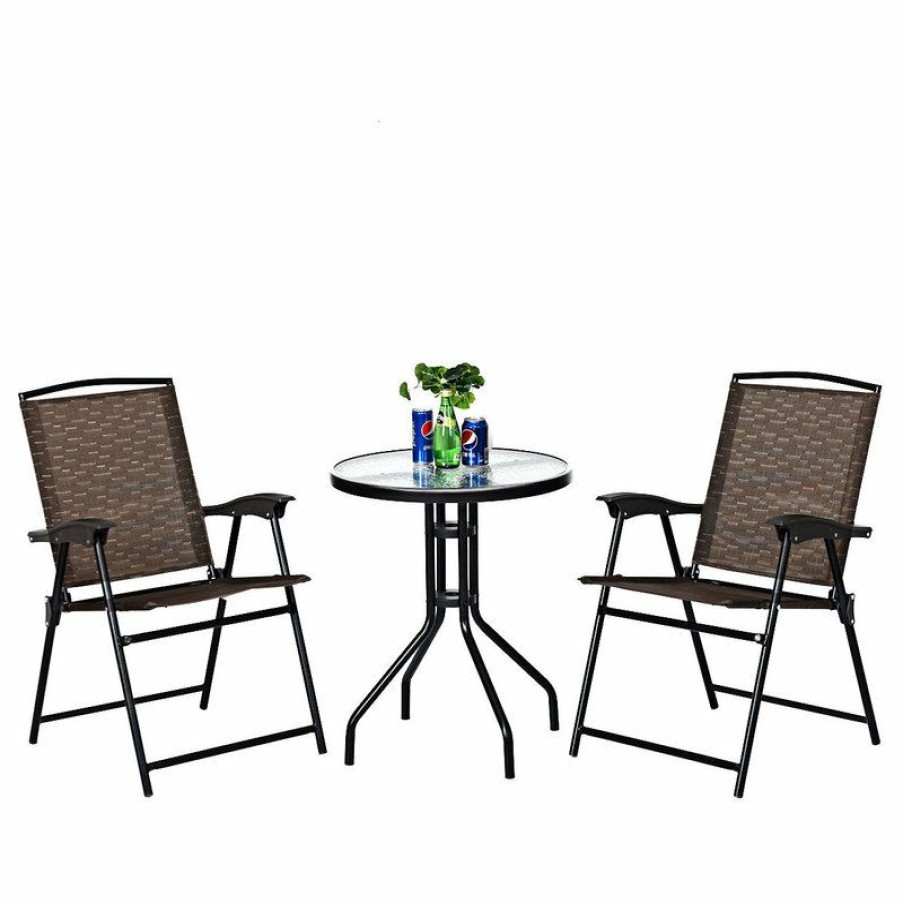 Outdoor Bar Furniture * | Coupon Costway 3Pc Bistro Garden Furniture Set 2 Folding Chairs Glass Table Top Steel