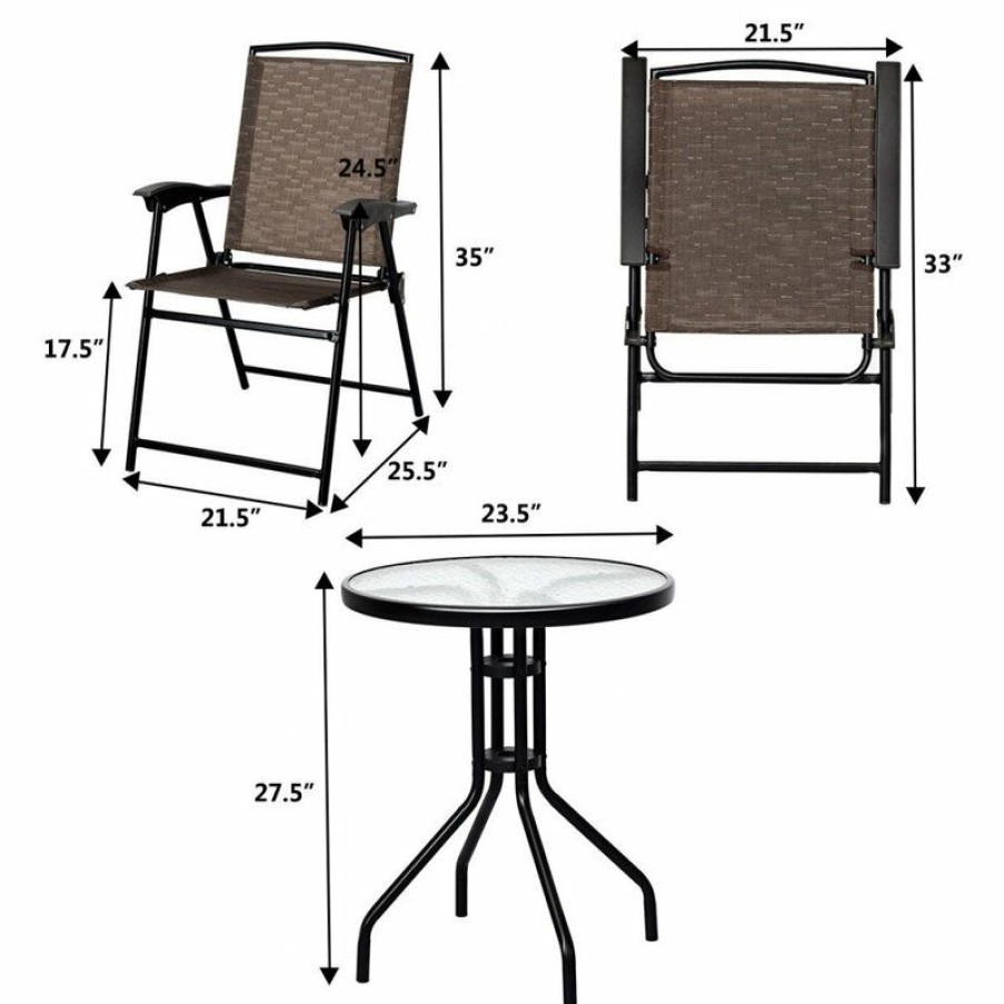 Outdoor Bar Furniture * | Coupon Costway 3Pc Bistro Garden Furniture Set 2 Folding Chairs Glass Table Top Steel