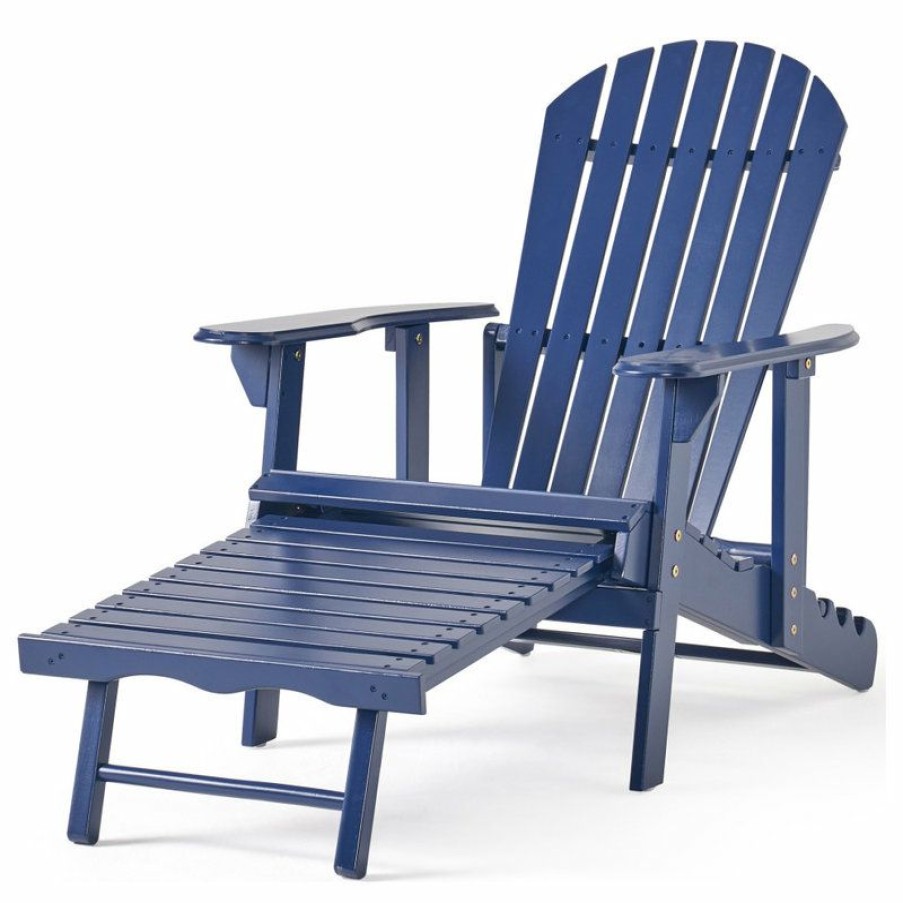 Outdoor Chairs * | Best Sale Gdfstudio Gdf Studio Katherine Outdoor Reclining Wood Adirondack Chair With Footrest, Navy