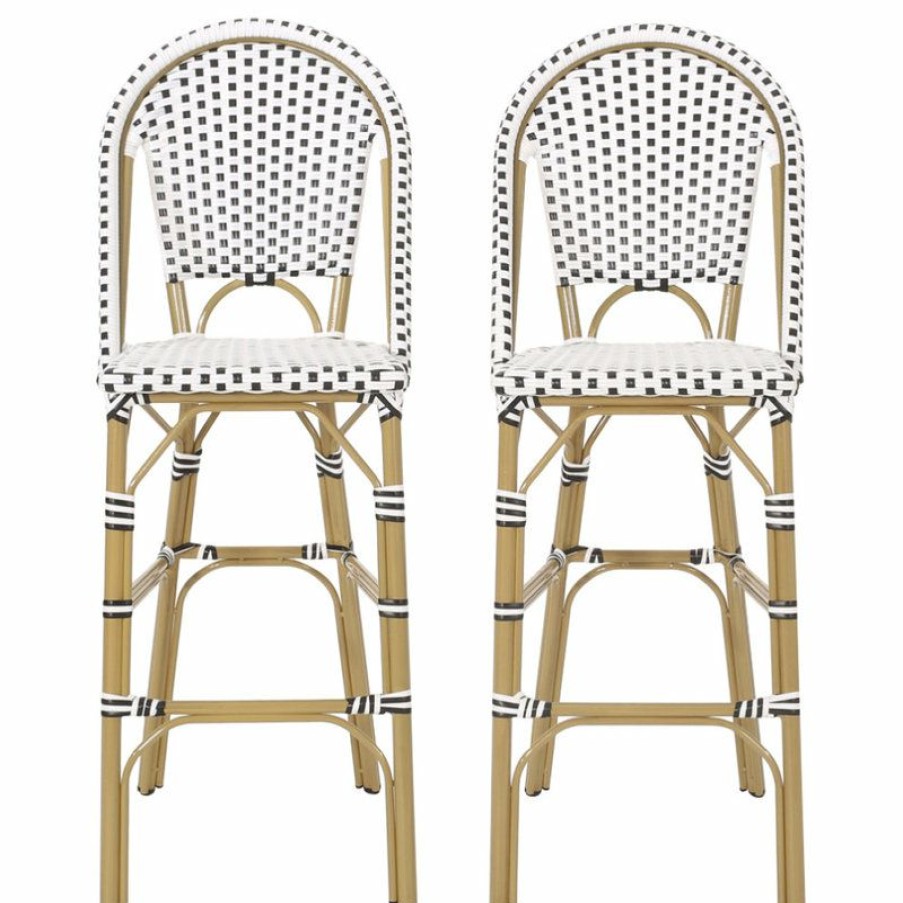 Outdoor Bar Furniture * | Promo Gdfstudio Grelton Outdoor Aluminum French Barstools, Set Of 2, Black/White/Bamboo