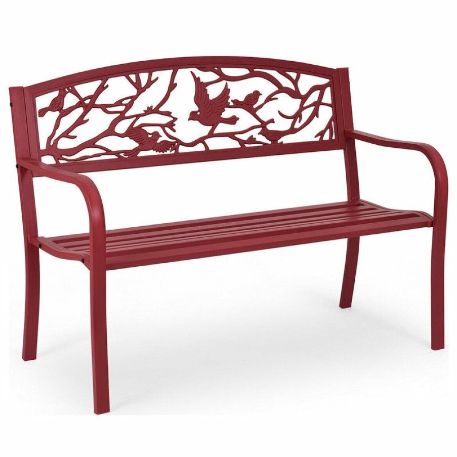 Outdoor Benches * | Discount Costway Patio Garden Bench Yard Outdoor Furniture Cast Iron Porch Chair Red