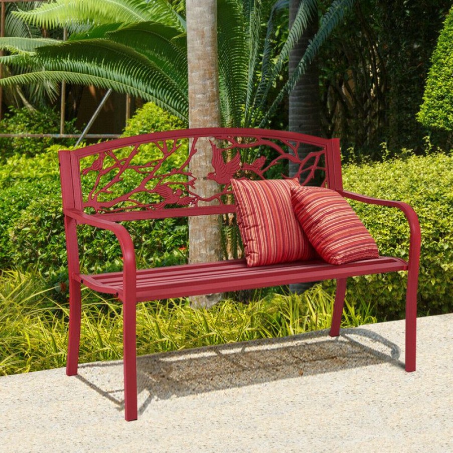 Outdoor Benches * | Discount Costway Patio Garden Bench Yard Outdoor Furniture Cast Iron Porch Chair Red