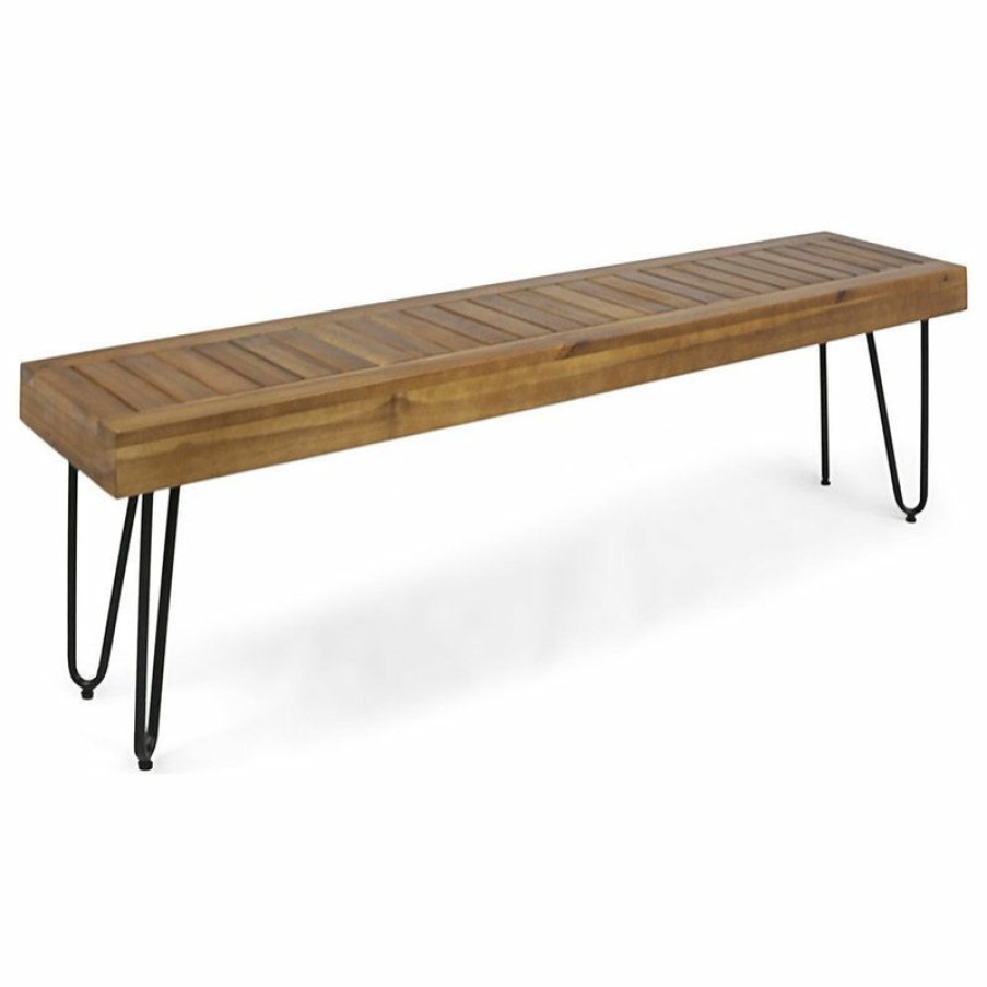 Outdoor Benches * | Best Pirce Gdfstudio Gdf Studio Abbet Outdoor Industrial Wood And Metal Bench, Teak/Black Metal