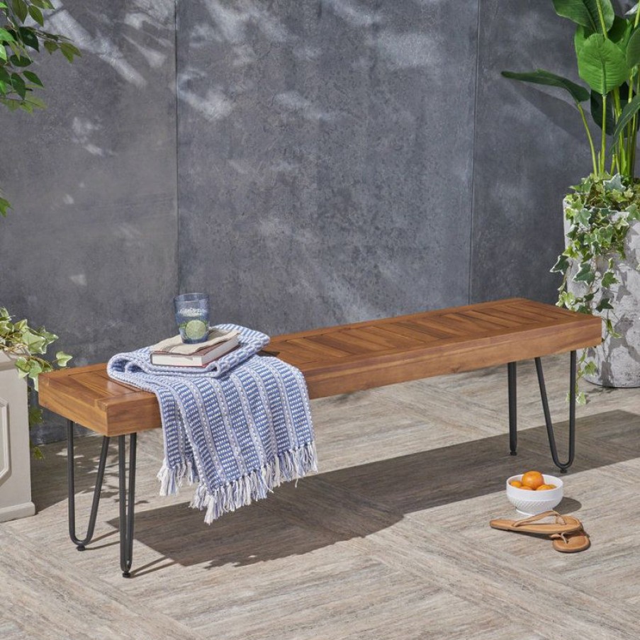 Outdoor Benches * | Best Pirce Gdfstudio Gdf Studio Abbet Outdoor Industrial Wood And Metal Bench, Teak/Black Metal