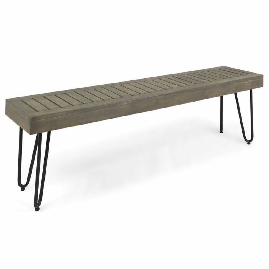 Outdoor Benches * | Outlet Gdfstudio Gdf Studio Abbet Outdoor Industrial Wood And Metal Bench, Gray/Black Metal