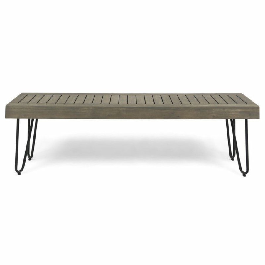 Outdoor Benches * | Outlet Gdfstudio Gdf Studio Abbet Outdoor Industrial Wood And Metal Bench, Gray/Black Metal