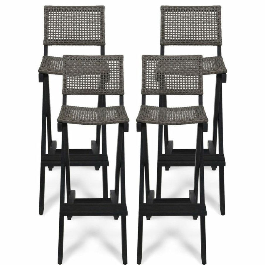 Outdoor Bar Furniture * | Deals Gdfstudio Ula Outdoor Folding Acacia Wood Barstools, Set Of 4, Dark Gray/Brown