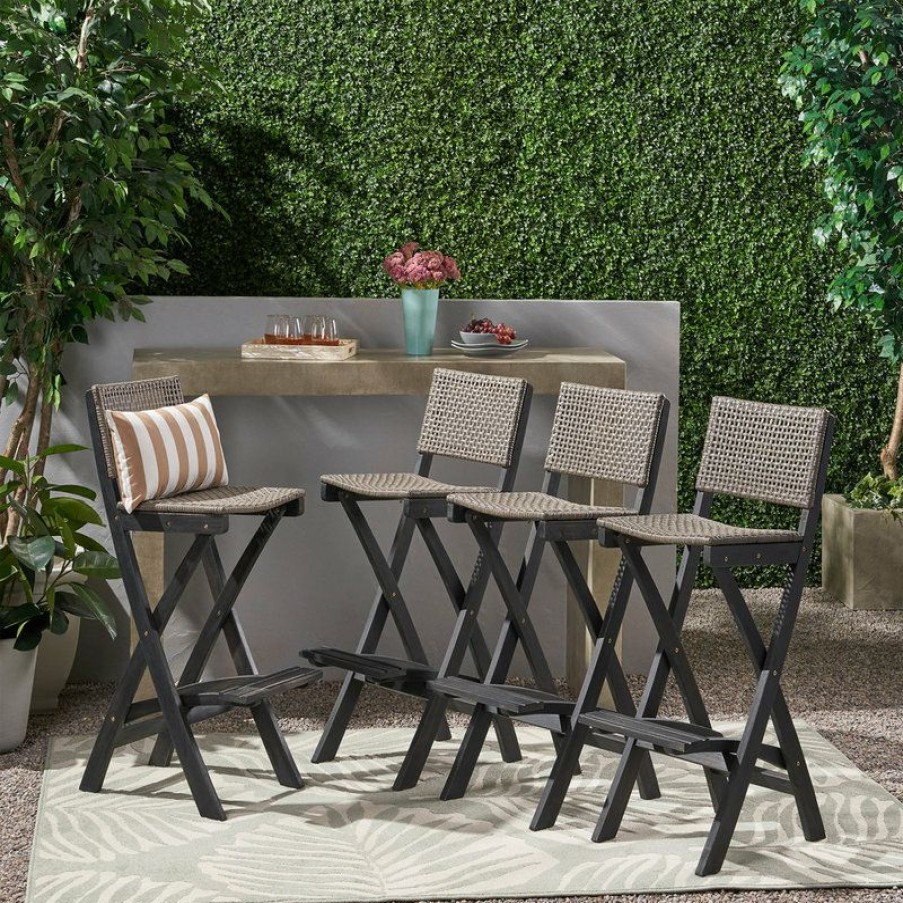 Outdoor Bar Furniture * | Deals Gdfstudio Ula Outdoor Folding Acacia Wood Barstools, Set Of 4, Dark Gray/Brown