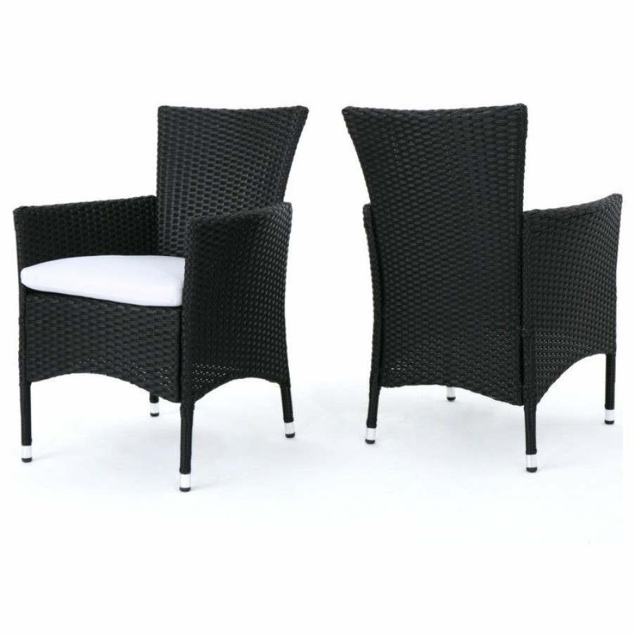 Outdoor Chairs * | Outlet Gdfstudio Gdf Studio Curtis Outdoor Wicker Dining Chairs With Cushions, Set Of 2, Black/Wh