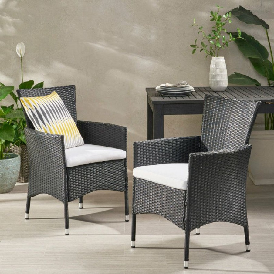 Outdoor Chairs * | Outlet Gdfstudio Gdf Studio Curtis Outdoor Wicker Dining Chairs With Cushions, Set Of 2, Black/Wh