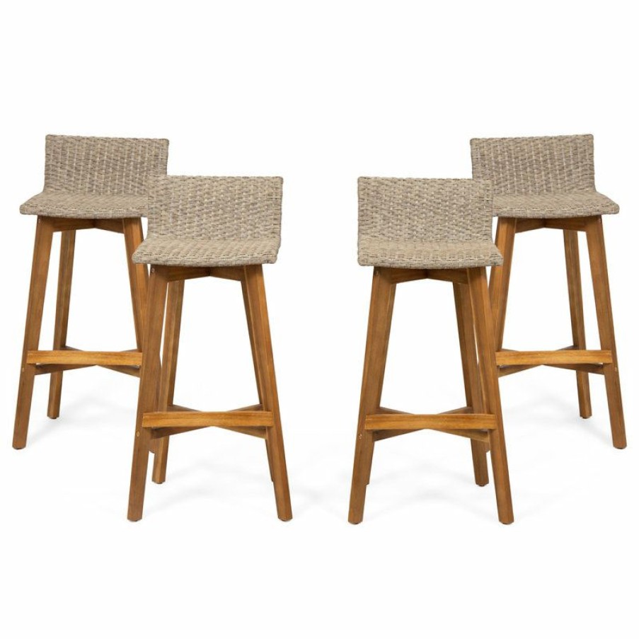 Outdoor Bar Furniture * | Coupon Gdfstudio Jessie Outdoor Wood And Wicker Barstool, Set Of 4, Light Brown, Teak Finish