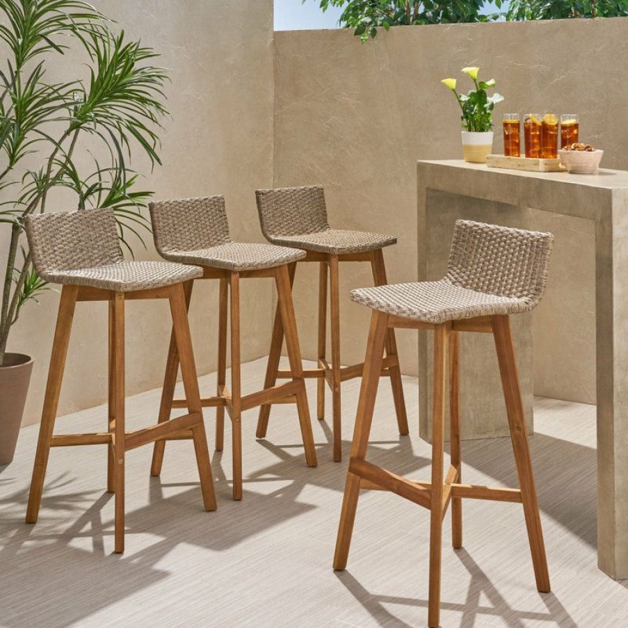 Outdoor Bar Furniture * | Coupon Gdfstudio Jessie Outdoor Wood And Wicker Barstool, Set Of 4, Light Brown, Teak Finish