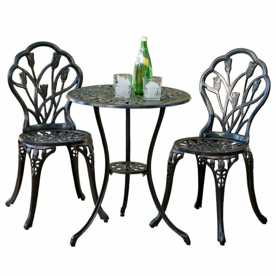 Outdoor Bar Furniture * | Best Sale Gdfstudio Gdf Studio Nassau Outdoor Vintage Style Cast Aluminum Bistro Set With Tulips