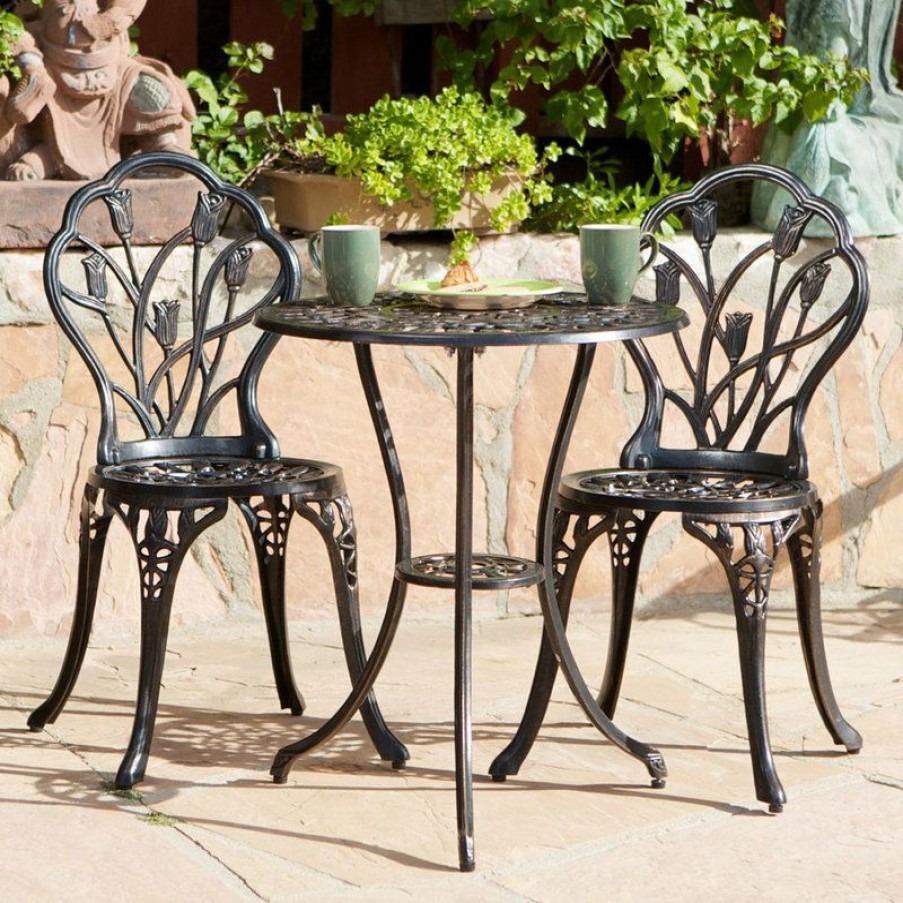 Outdoor Bar Furniture * | Best Sale Gdfstudio Gdf Studio Nassau Outdoor Vintage Style Cast Aluminum Bistro Set With Tulips