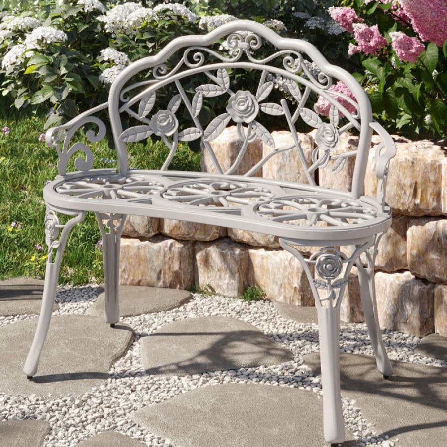 Outdoor Benches * | Brand New Belleze Antique-Style Garden Bench, Aluminum Rose, 39 , White