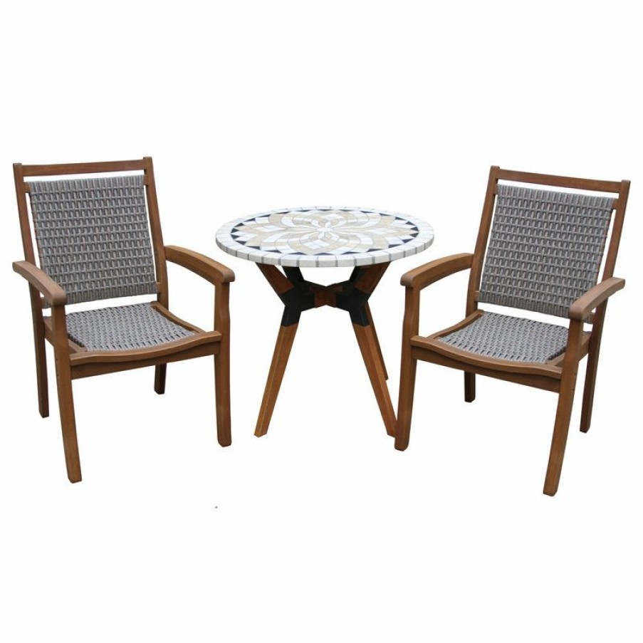 Outdoor Bar Furniture * | Deals Outdoor Interiors 3-Piece Marble, Eucalyptus And Metal Bistro Set, With Stacking Armchairs