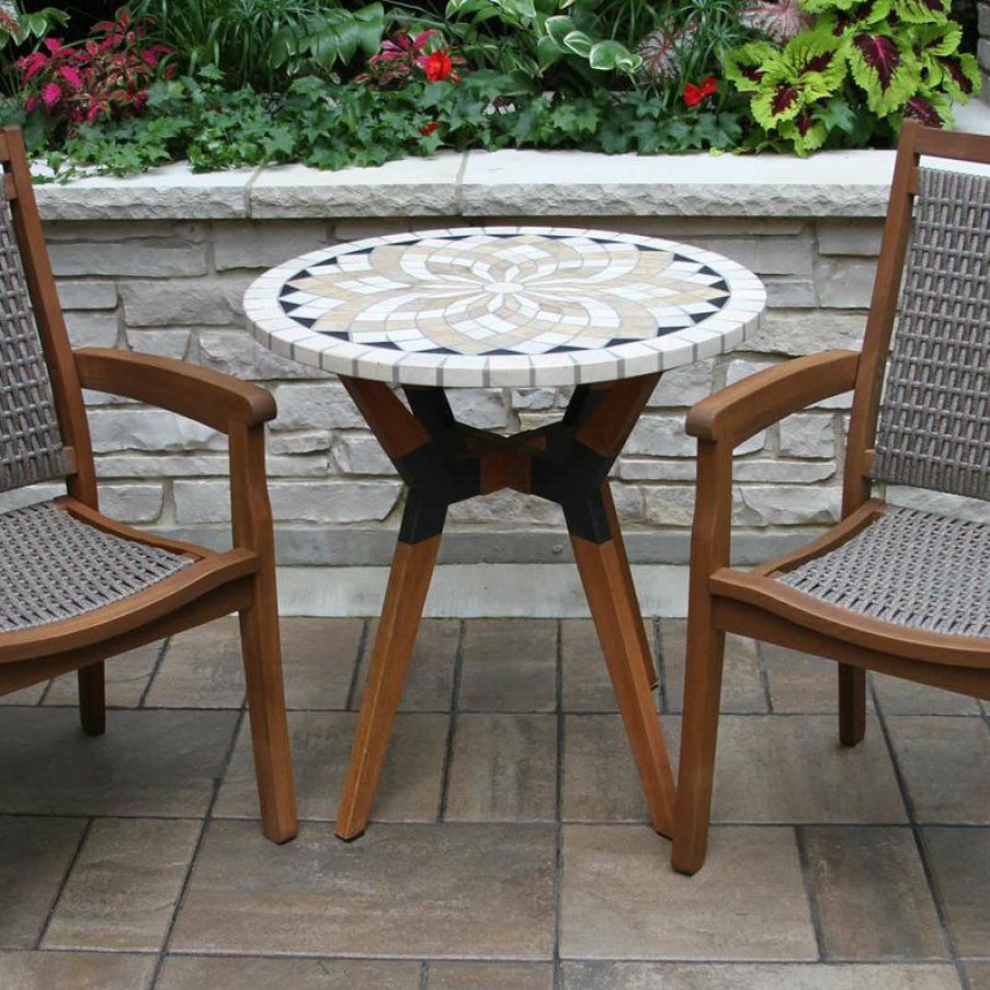 Outdoor Bar Furniture * | Deals Outdoor Interiors 3-Piece Marble, Eucalyptus And Metal Bistro Set, With Stacking Armchairs