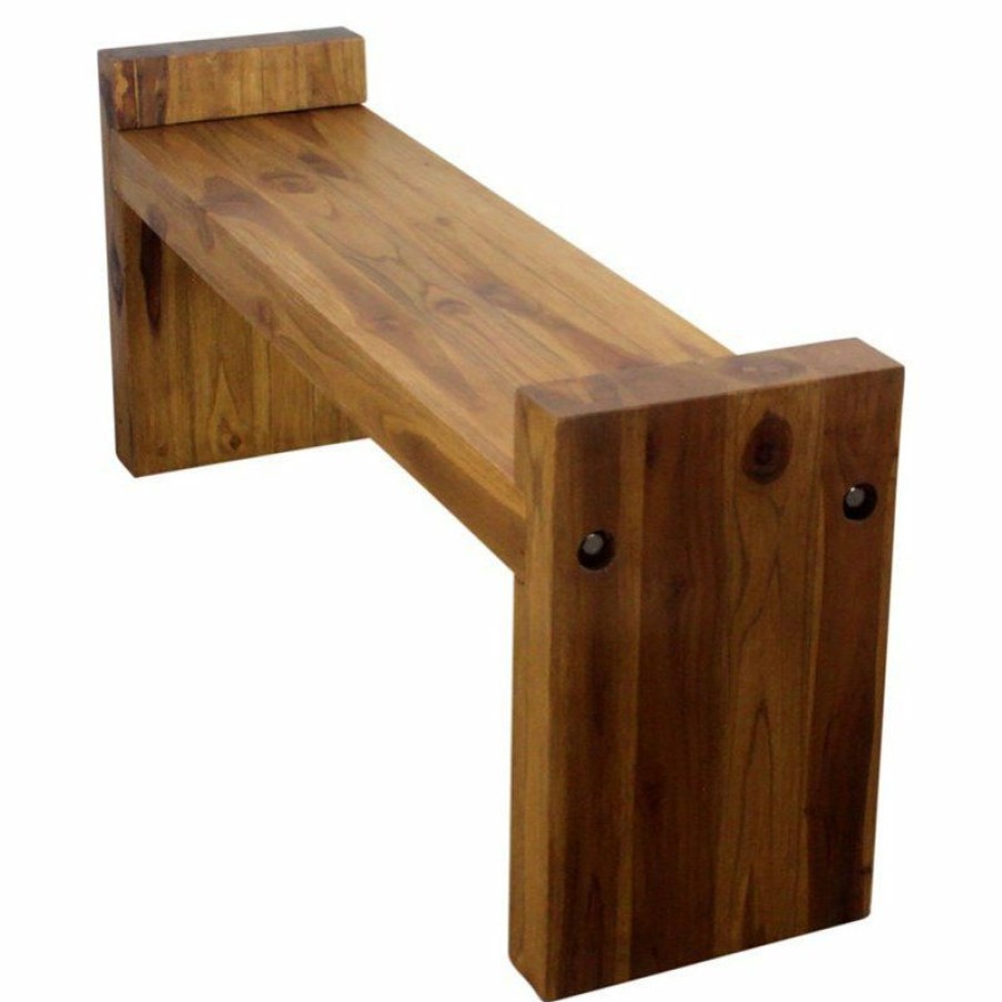 Outdoor Benches * | Cheapest Strata Furniture 18 48 Traditional Wood Two Seat Block Bench In Oak