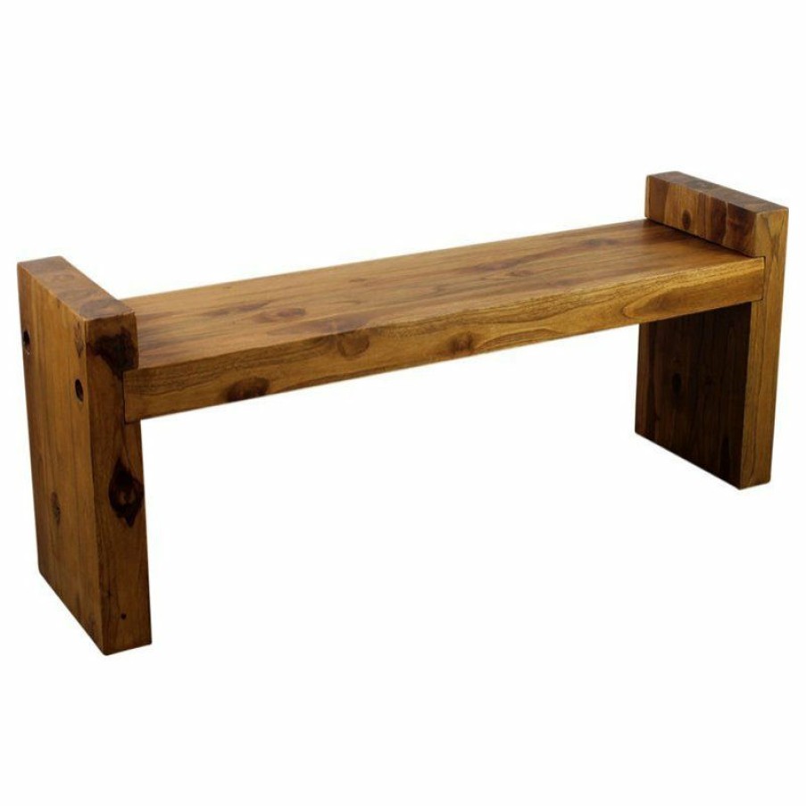 Outdoor Benches * | Cheapest Strata Furniture 18 48 Traditional Wood Two Seat Block Bench In Oak