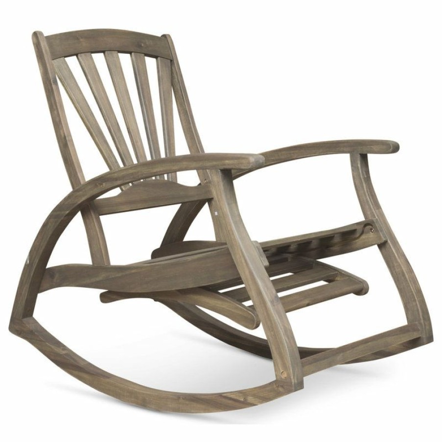 Outdoor Chairs * | Brand New Gdfstudio Gdf Studio Alva Outdoor Acacia Wood Rocking Chair With Footrest, Gray Finish