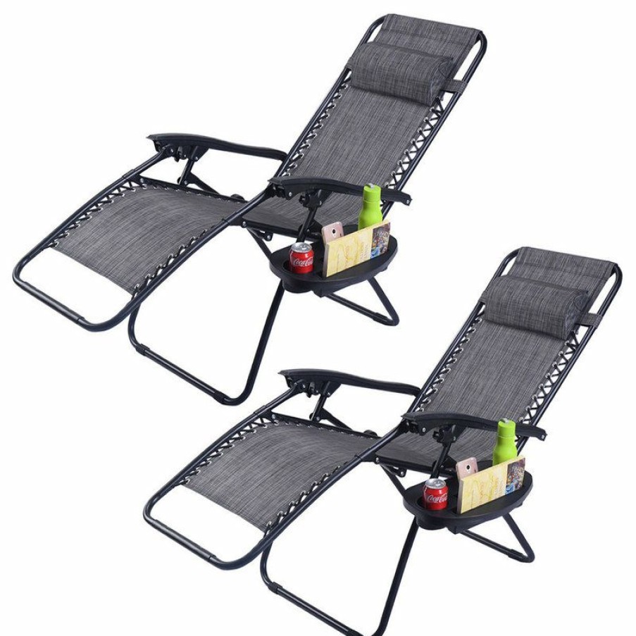 Outdoor Chairs * | Cheapest Costway 2Pc Folding Zero Gravity Reclining Lounge Chairs Patio W/Utility Tray