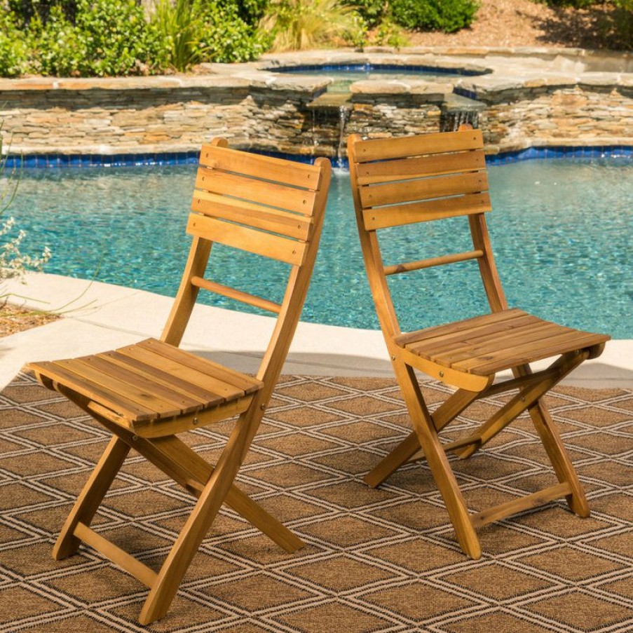 Outdoor Chairs * | Best Pirce Gdfstudio Gdf Studio Vicaro Outdoor Natural Acacia Wood Foldable Dining Chairs, Set Of 2