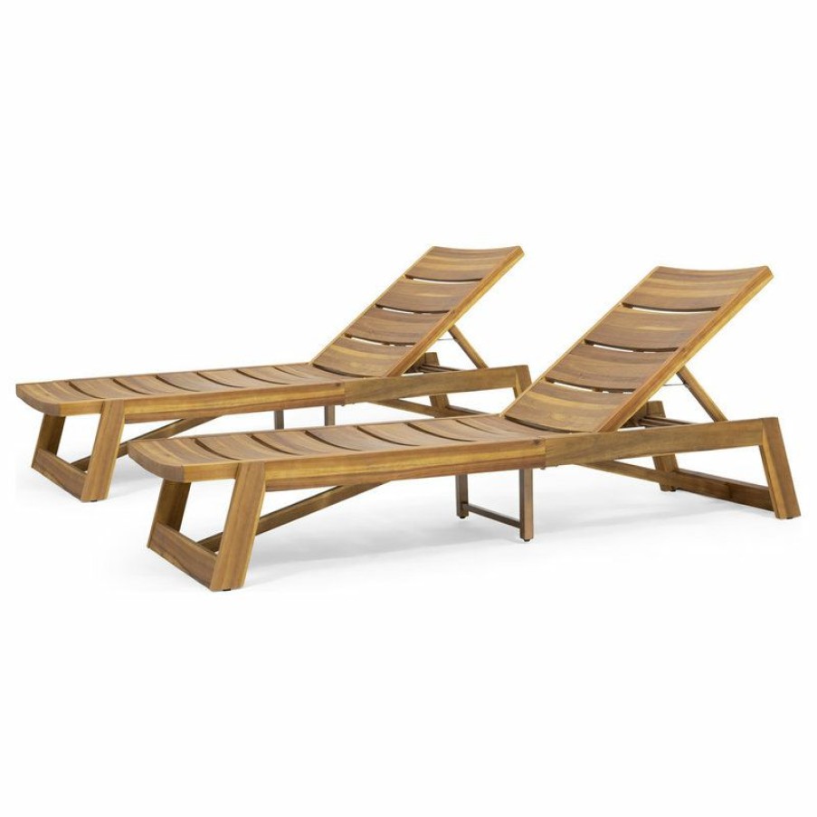 Outdoor Chairs * | Hot Sale Gdfstudio Angela Outdoor Wood And Iron Chaise Lounges, Set Of 2, Teak Finish, Yellow