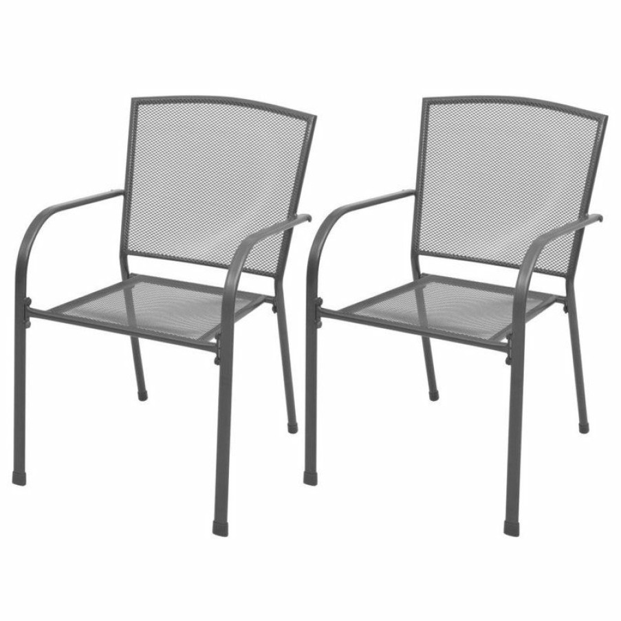 Outdoor Chairs * | Discount Vida Xl Llc Vidaxl 2X Stackable Patio Chairs Steel Gray Outdoor Garden Dining Mesh Seats