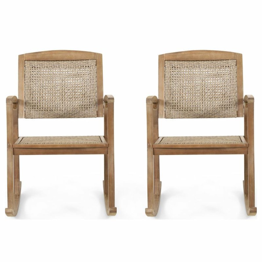 Outdoor Chairs * | Best Reviews Of Gdfstudio Uintah Outdoor Acacia Wood And Wicker Rocking Chair (Set Of 2), Light Brown