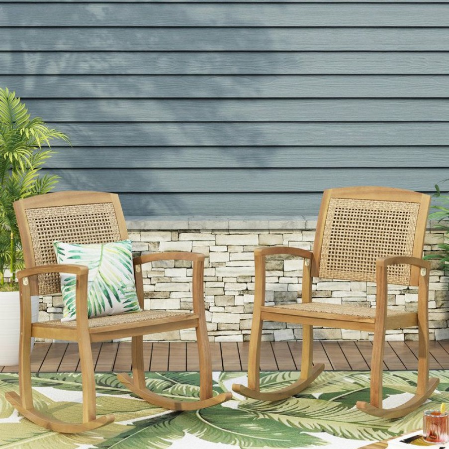 Outdoor Chairs * | Best Reviews Of Gdfstudio Uintah Outdoor Acacia Wood And Wicker Rocking Chair (Set Of 2), Light Brown