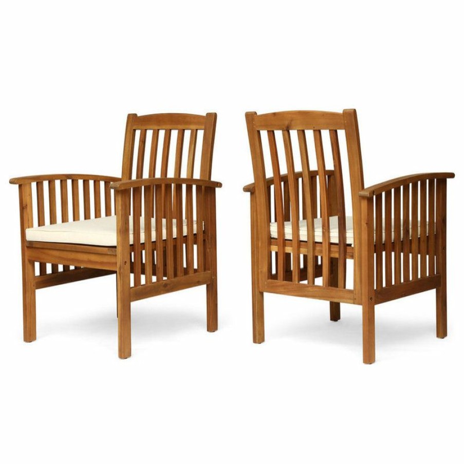 Outdoor Chairs * | Best Reviews Of Gdfstudio Gdf Studio Phoenix Outdoor Acacia Wood Dining Chairs With Cushions, Set Of 2, Br